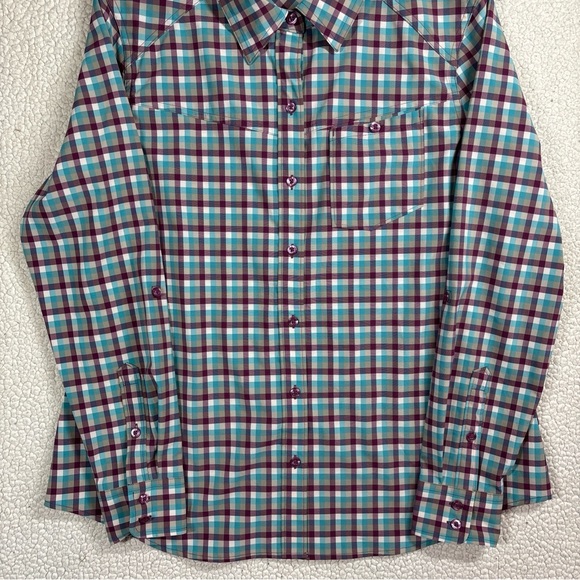 Ascend Long Sleeve Button Down Shirt Women’s Large  Maroon/Cream/Teal Plaid EUC - Picture 3 of 11